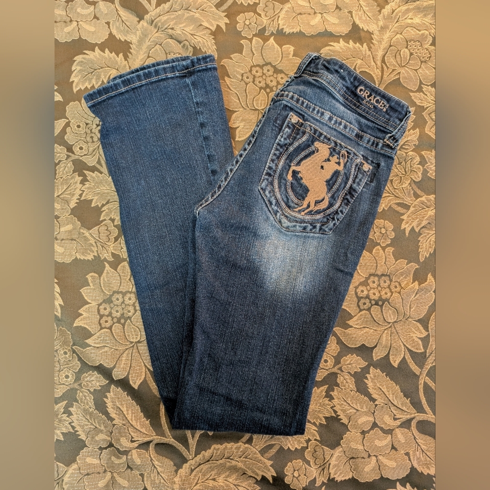 Grace in LA Dark Blue Boot Cut Jeans with Embroidered Pocket